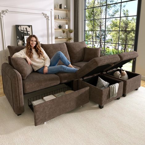 Canapé d'angle multifonctionnel, canapé trois places en forme de U avec rangement intégré (tiroirs inclus) et pouf avec compartiment de rangement, ensemble de canapés modulable convertible, revêtement