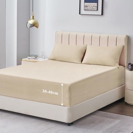 Drap Housse 140x190/200 Grand Bonnet 40 cm Drap Housse 2 Personnes 140x200/190 Grand Bonnet 40 cm Matelas en Microfibre avec Élastique Tout Autour, Khaki (1/5)