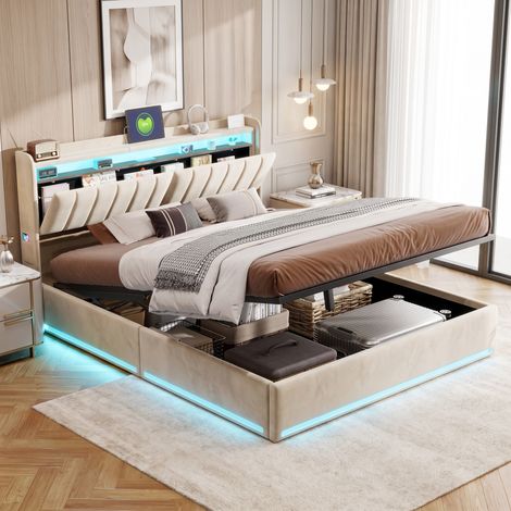Superaly Lit Coffre Double 160x200 cm, Tête de Lit en Velours avec Rangement Intégré, Rangement mécanisme à gaz, éclairage LED télécommandé, Port USB, Lit Adulte de style Moderne, Beige (1/5)