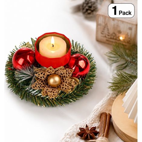 Bougeoir de Noël vintage en fer, couronne de sapin et baies rouges, 12 x 12 x 6 cm, cadeau festif, bougie chauffe-plat (1/5)