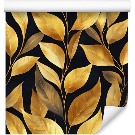 Carta da parati con fiori e foglie oro, ocra e nero per soggiorno e camera da letto 50x1000 (1/5)