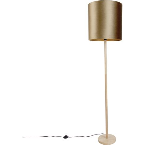 QAZQA Holz Stehlampe mit bronzefarbenem Samtschirm 40cm - Mels (1/5)