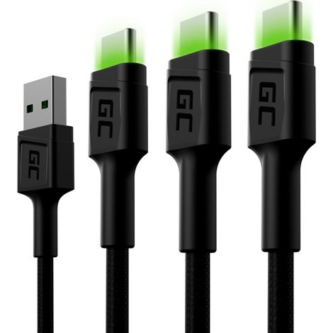 Câble USB-C 120 cm Green Cell Set 3x Ray avec rétroéclairage LED vert, charge rapide Ultra Charge, QC 3.0 (1/3)