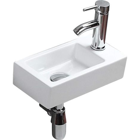 Lavabo en Céramique Murale Petit Blanc Évier Rectangle Lavabo À la Main Pour Vestiaire Salle de Bains Toilette (1/5)