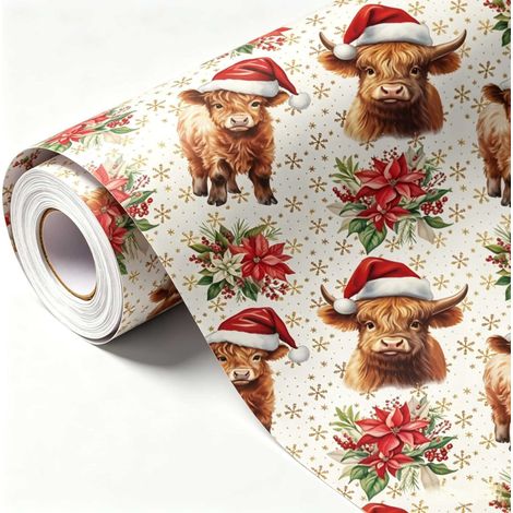 Papier cadeau de Noël à motif floral vache des Highlands (43 x 500 cm)