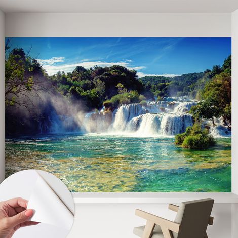 Papier peint autocollant Mural avec colle pour salon et chambre Décoration murale rapide Cascade dans le paysage 152x104 cm (1/5)