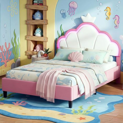Lit Enfant 140x190 Couronne Velours - Sécurité Anti-choc & Lit Bas - LED Multicolore - Design Fille Rose (1/5)