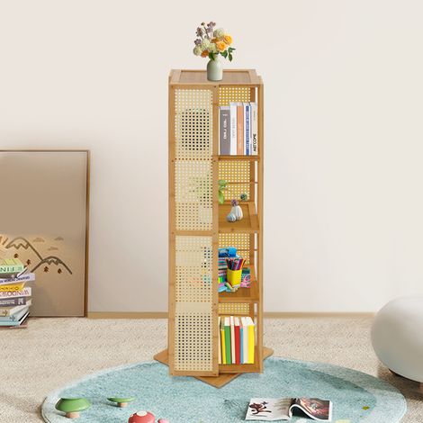Bibliothèque rotative 4 étagères – Bambou Moso, 360°, hauteur 123 cm, charge 10 kg/étagère – Gain de place, idéale salon chambre bureau