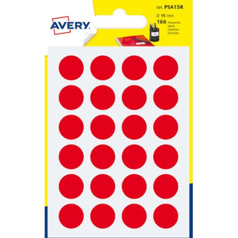 Packung mit 7 Bögen runder roter Gummietiketten, 15 mm Durchmesser avery psa15r