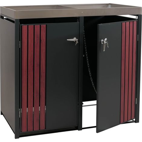 [NEUWERTIG] 2er-Mülltonnenverkleidung HHG-367, Mülltonnenbox mit Pflanzkasten, Metall 125x132x84cm 55kg anthrazit Holzoptik dunkel