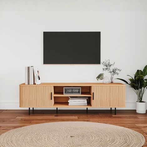 Mobile porta tv Kajsa56B con ante scorrevoli listellate e vani a giorno colore rovere oak 160x40x45H (1/4)