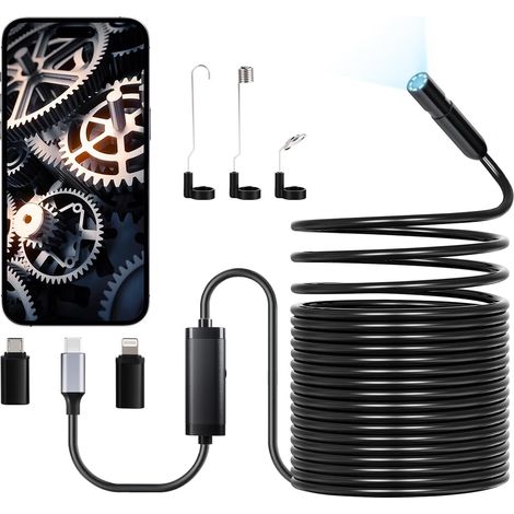 Caméra Endoscopique avec Câble Semi-rigide 15 m, Endoscope HD 1920p pour Android et iOS, avec 8 Lumières LED Réglables, Zoom, Étanche IP67, Caméra Serpent d'Inspection pour Automobile, Plomberie (1/5)