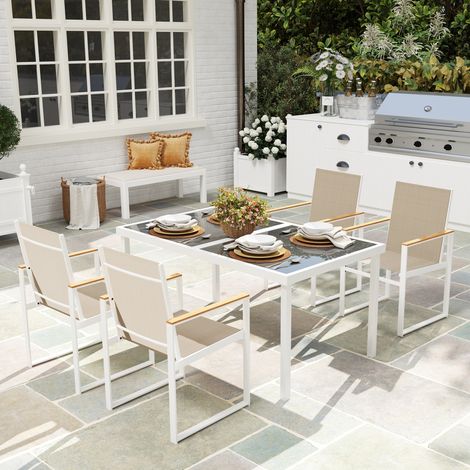 Ensemble jardin table Multicolore manger rectangulaire verre 4 chaises accoudoirs (1/4)