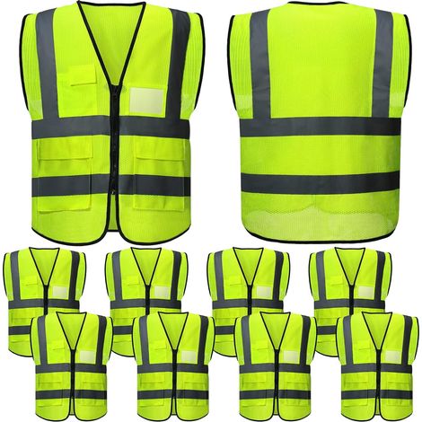 Lot de 10 gilets de sécurité réfléchissants avec poches et fermetures éclair, gilets structurés en maille haute visibilité, pour hommes et femmes, gilets de travail respirants au néon pour la course e (1/5)