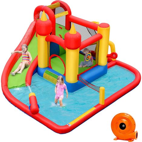 COSTWAY Château Gonflable avec Souffleur 610W Toboggan Aquatique Pataugeoire Cercle de Basket Sac Kit de Réparation 30 Ballons (1/5)