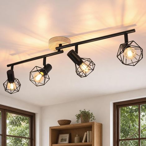 ZMH Spot plafond E14 vintage 4 spots orientables 350°, bois et métal noir, lampe industrielle rétro pour salon cuisine (1/5)