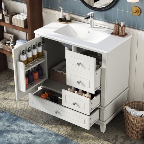MODFU – Mobile sotto lavabo 81x47x86 cm in MDF/ceramica con lavabo, 3 cassetti, anta ammortizzata, finitura laccata e carico 45 kg – Bianco lucido (1/5)