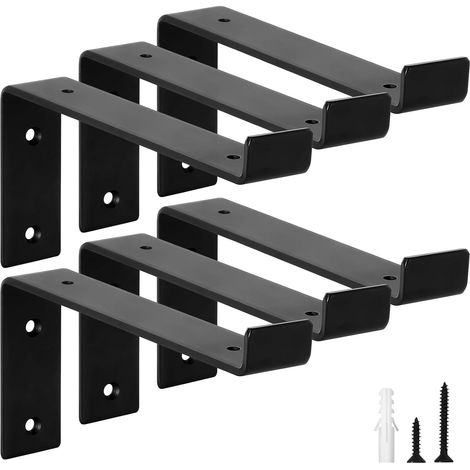 Lot de 6 Équerre Étagère Murale Métal Renforcée avec Rebord, 50KG Charge, Support Étagère Murale 5mm Épaisseur, Equerre Metal Robuste, Équerre Étagère Durable Noir 20 cm (1/5)