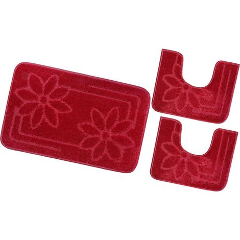 Tapis de Bain Lot de 3 Pièces Moderne Doux Antidérapant Tapis de Douche Lavable Absorbant Fleurs - Rouge (1/4)