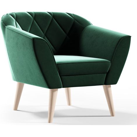Sofello Sessel aus Velour Samt grün KARO Relaxsessel Fernsehsessel im Skandinavischen Stil Polstersessel auf hohen Holzbeinen hohe FüSSe moderne Steppung (1/5)