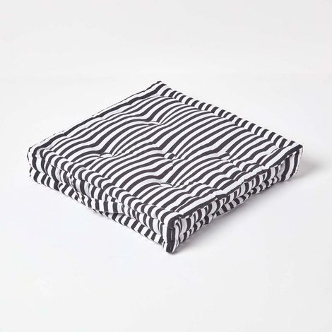 HOMESCAPES Cotton Black Thin Stripe Floor Cushion, 40 x 40 cm
