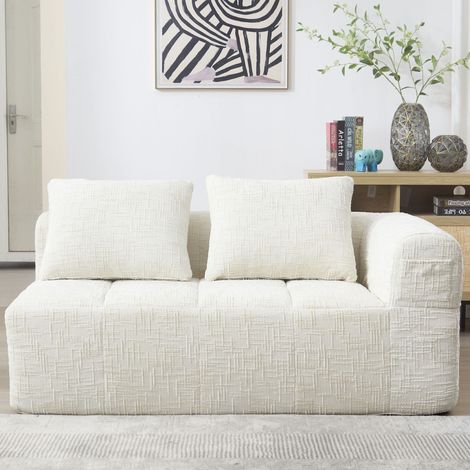 Canapé Droit 2 Places avec Méridienne avec Coussin et Poches Latérales, Confort Nuage sans Montage, en Chenille Beige
