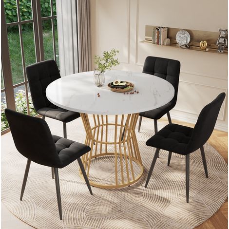 Tavolo da pranzo rotondo 100 cm effetto marmo bianco, metallo, bianco e oro DESVIAE (1/5)