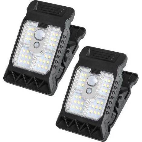 Set mit 2 universellen Solar-Klemmleuchten, Außenbeleuchtung für Balkon, Garten, Camping, Terrasse, wasserdicht, wiederaufladbar, kabellos, automatische Bewegungserkennung (1/5)
