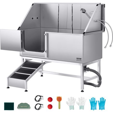 Baignoire de Chien Acier Inoxydable, Baignoire de Toilettage pour Animaux de Compagnie 150 cm Station de Lavage Chat, avec Rampe, Panneau Filtre à Eau, Robinet, Pommeau de Douche, Porte Gauche (1/5)