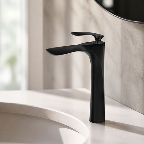 Robinet mitigeur de lavabo en laiton massif, finition dorée, hauteur 300mm, bec haut, cartouche céramique, mélangeur eau chaude et froide (1/5)