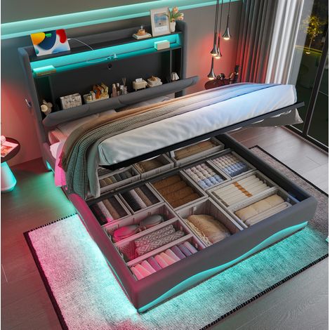Letto imbottito in velluto grigio scuro 140x200 cm con LED, contenitore, rete a doghe alzabile e USB Type-C (1/5)