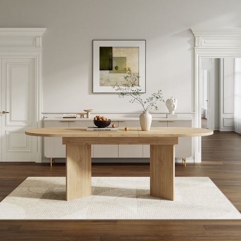 Table à manger extensible 120/160 x 80 cm, pour 4 à 6 convives, plateau épais à bords arrondis, design sobre et élégant, finition chêne. (1/3)