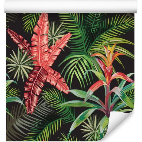 Carta da parati con foglie di palma e fiori esotici per soggiorno e camera da letto, 50x1000 cm. (1/5)
