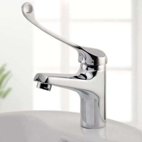 Robinet d'eau chaude et froide en cuivre de qualité médicale, longue poignée, pour lavabo, montage sur plage, robinet de lavabo à serpillière tactile coudé, argent (1/4)