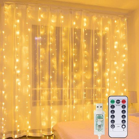 Guirnalda de luces para cortinas AIDUCHO, luces decorativas para ventanas de 3 m x 2 m, USB, 200 LED, 8 modos de iluminación y resistente al agua - Para exteriores, interiores, Navidad y dormitorios (1/5)
