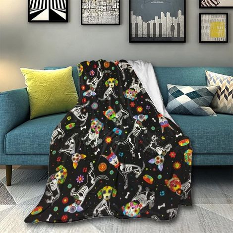 Couverture Polaire - 127 x 152 cm - Pour Canapé Chaise Voiture Camping - Motif Crâne Sucré Chien Squelette Floral - 1 Pièce (1/5)