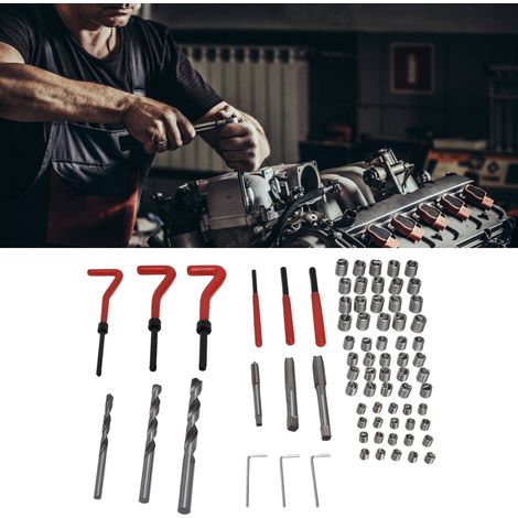 Dieses 75-teilige Gewindereparatur-Werkzeugset enthält einen Satz Spiralbohrer (M61,0, M81,25, M101,5) zur Reparatur beschädigter Gewinde. (1/5)