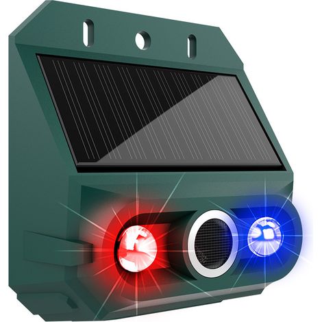 Lámpara ultrasónica solar para ahuyentar animales, luz exterior para disuadir a los depredadores, con detector de movimiento y función de alarma. (1/4)