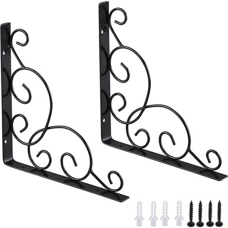 Soportes de hierro forjado para estantes, 2 unidades, soportes para estantes de jardín, soportes de pared de hierro, soportes para estantes, para cocina, baño, oficina, restaurante (negro)