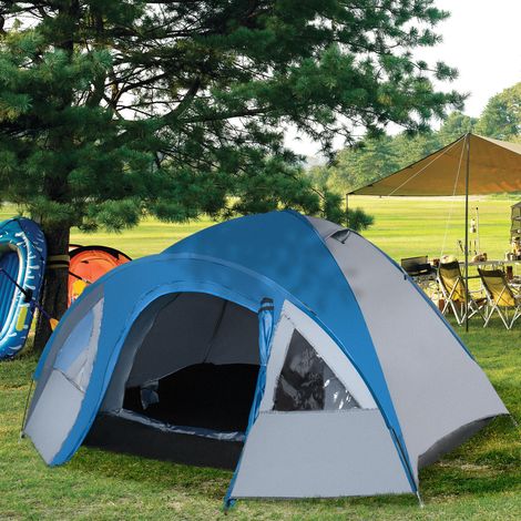 Tente de camping dôme 4-5 personnes, étanche, légère, ventilée, 2 portes+fenêtres, 3×2,5×1,3m, polyester fibre verre, marine bleu
