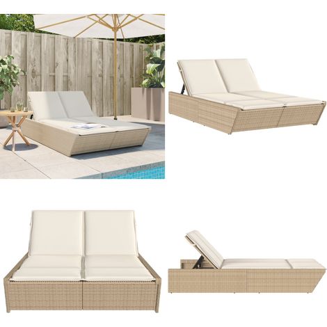 Doppel-Sonnenliege mit Auflagen Beige Poly Rattan - Doppel Liege - Gartenliege - Sonnenschirm - Outdoor Möbel - Lounge Set - Home & Living (1/5)
