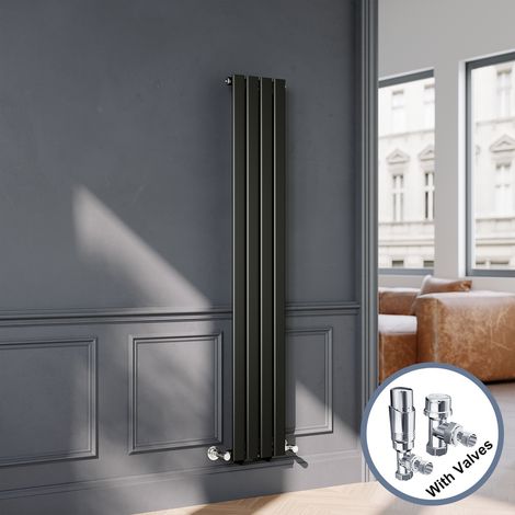 ELEGANT Black Flat Panel Central Heating Radiator with Chrome Angled Thermostatic Radiator Valves 1600 x 272mm Vertical Single Panel Rads (1/5)