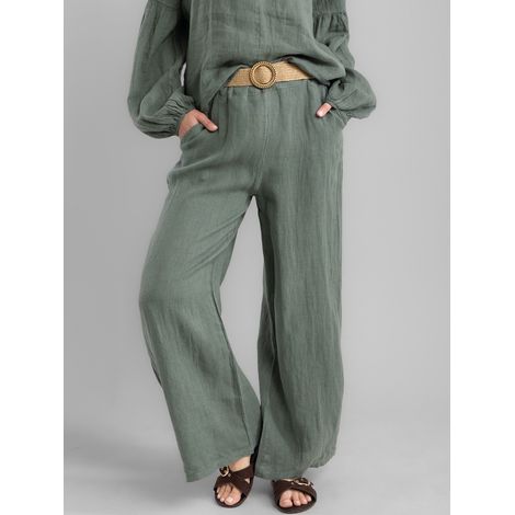 Pantalones de lino de pierna ancha para mujer con cinturón. (1/5)