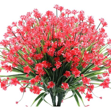 Lot de 6 bouquets de fleurs artificielles d'extérieur, résistantes aux UV et à la décoloration, en plastique, pour la décoration printanière du jardin, rouge.-AquaForge (1/5)