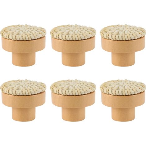 Ensemble de 6 boutons de meubles ronds en rotin, poignées de meubles en bois avec vis, boutons de tiroirs de cuisine et de chambre, beige. (1/5)