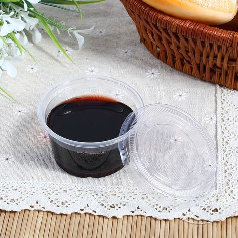 50 Stück Einweg-Kunststoff-Soßenbecher/Chutney-Boxen mit Deckel für warme Speisen zum Mitnehmen (118 ml) (1/5)