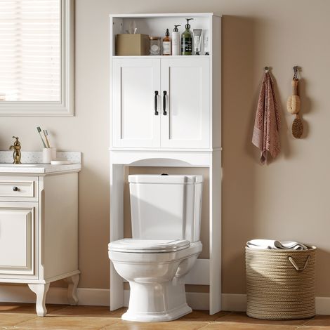 Meuble de salle de bain au-dessus des toilettes avec 2 portes à fermeture silencieuse, étagère ouverte 64x21x173,5 cm blanc