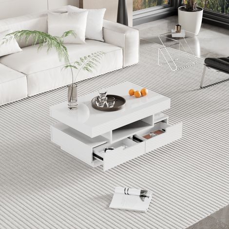 Table basse à finition brillante, avec bande lumineuse LED, quatre tiroirs à l'avant et à l'arrière, grand espace de rangement (1/5)