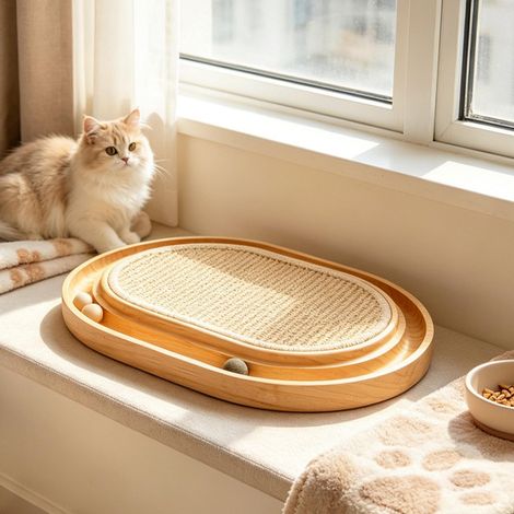 Griffoir pour chat en bois avec tapis en sisal et balles de jeu interactives, lit de repos pour chat, accessoire de jeu et couchage