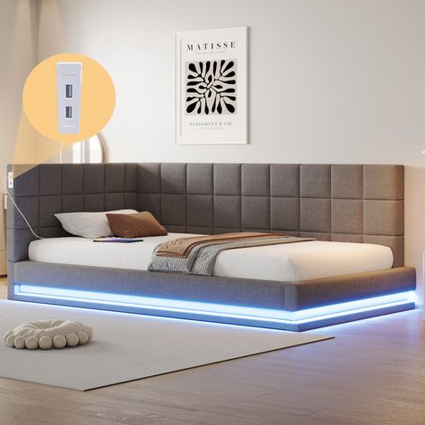 Sofá cama infantil de 90x200 cm, tapizado, con LED, puerto USB, somier de láminas, terciopelo, sin colchón, gris (1/5)